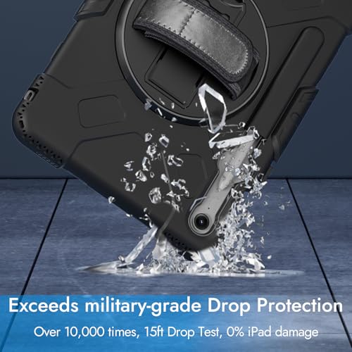Image of Robustrion Cover for Samsung Galaxy Tab S10 Lite /Tab S9 FE / S10 FE 10.9 inch with S Pen Holder, Armor Cover with [Shoulder Strap] and [360 Degree Rotating Hand Strap] - Black
