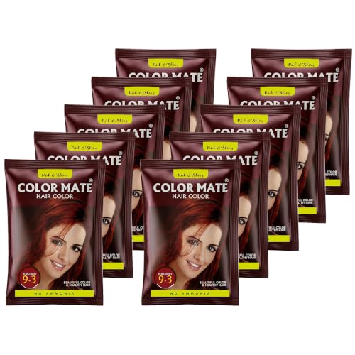 Image of Color Mate Natural Henna Hair Color Powder Burgundy | No Ammonia Hair Colour | Long Lasting Natural Color | Soft, Smooth & Shiny Hair | 8 Minute Application | 15g | Pack of 10