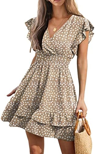 Faculol Women's Allover Speckled Print Cap Sleeve V Neck Smocked Waist Tiered Ruffle Hem A Line Flowy Short Mini Dress Khaki