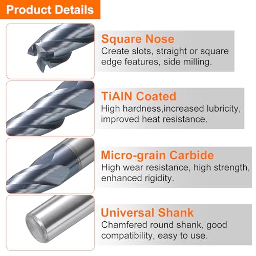 Image of HARFINGTON 5pcs Carbide Square Nose End Mill Bit 4mm Cut Dia 4 Flutes TiAlN Coated Milling Cutter for Hardened Steel Metal (4mm Shank 11mm Cut Length 50mm Long 45 Degree HRC53-55)