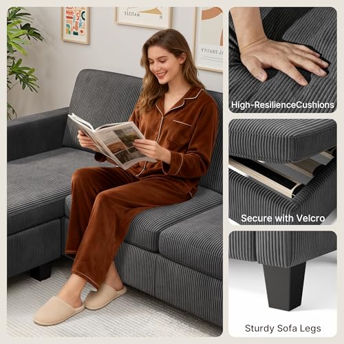 Xbro Ecksofa L-Form 3-Sitzer mit beweglichem Fußhocker, kleines Ecksofa aus weichem Cordstoff, 188 × 136,5 × 89 cm, Dunkelgrau