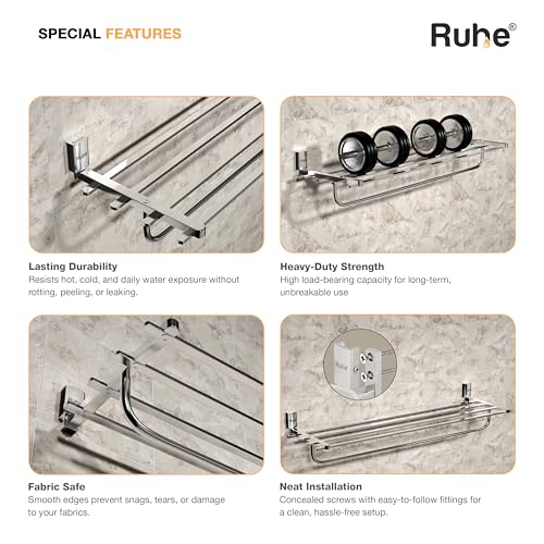 Image of Ruhe 24 Inch Erica Bathroom Towel Rack /Towel Holder /Towel Stand | Wall Mounted Shelf with Hanging Rod, Durable Metal with Chrome Finish