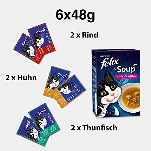 Felix Soup, Suppe für Katzen mit zarten Stückchen, Sorten-Mix, 8er Pack (8 x 6 Beutel à 48g)