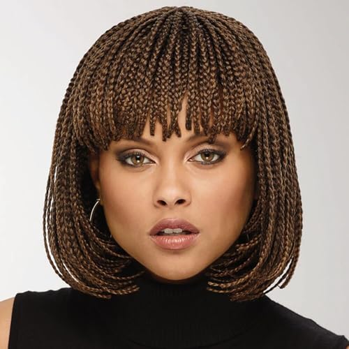 Perruque tressée courte avec frange pour femmes noires aspect naturel