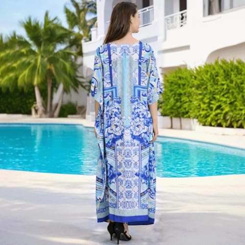 Image of Miss Lavish London Kaftan for Women Dress V Neck Summer Swimsuit Cover Up Blue Caftan Maxi Beach Dress, Plus Size African Kaftan with Batwing Sleeves, Side Slit & Pockets on Both Sides-Blue-M
