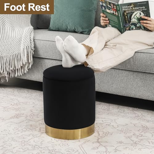 Image of Joveco Round Storage Ottoman Footrest Stool Velvet Upholstered Footstool with Gold Plating Base (Black)