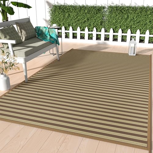 Image of GENIMO Outdoor Rug, Waterproof Plastic Rugs for Patio, 6'x9' Brown Greige | Outside Larger Modern Carpet Mat for Porch Decor, Deck, Balcony, Camping, RV, Backyard, Picnic, Beach, Reversible, Foldable