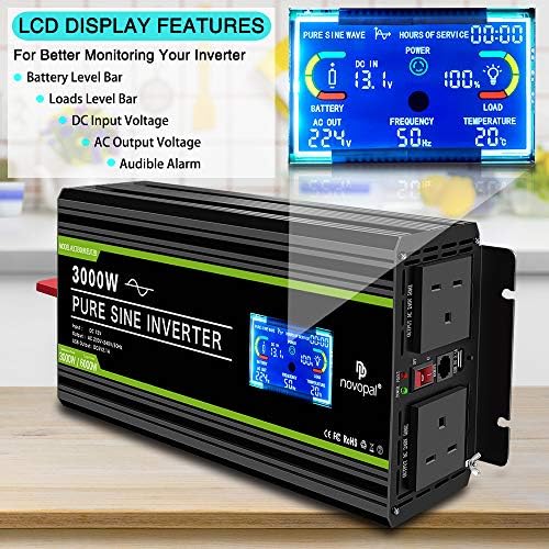 NOVOPAL Pure Sine Wave Inverter -3000W 12V to 230V 240V Car Converter Power Inverter with LCD Display 2AC Outlets and 2.1A USB Port-Remote Control for Motorhomes,Truck,Boat,Camping,Household,Van
