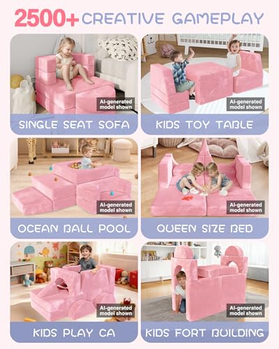 Image of YEFU 15pcs Modular Kids Play Couch, Kids Couch for Toddler & Children, Toddler couches, Kid Couches Fort Building kit for Playroom Furniture, Kid Play Couches, Convertible Sofa for Boys & Girls, Pink
