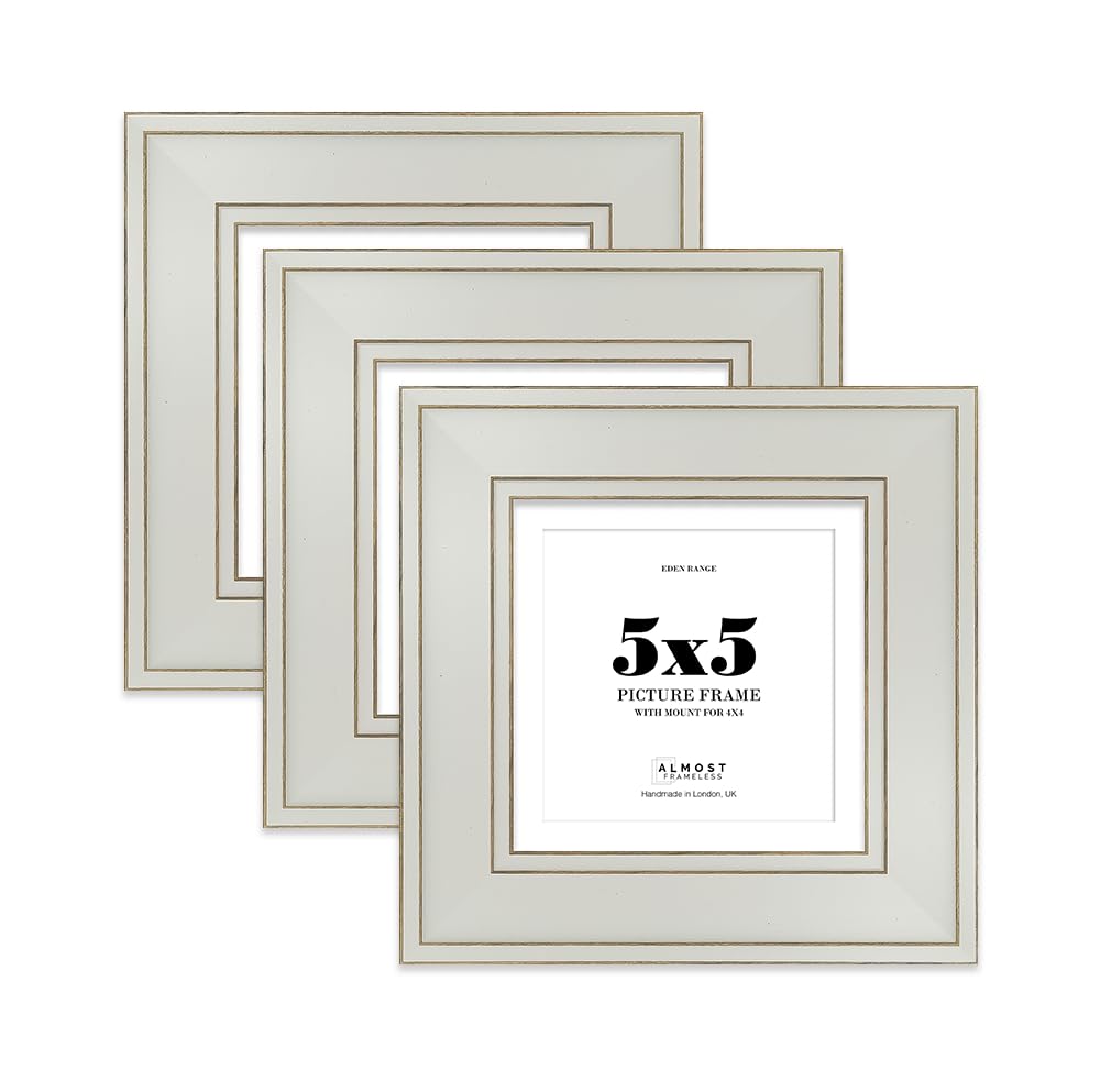 5x5" Light Grey Square Picture Frame with 4x4" Mount - Shabby Chic Photo Frame with Distressed Finish, Gold Trim, Wall Hooks and Kickstand, 37mm Edge - 3 Pack