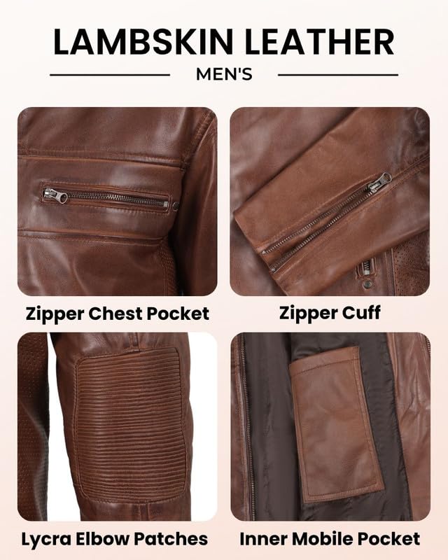 Image of Blingsoul Men's Leather Jacket - Real Lambskin Motorcycle Cafe Racer Biker Style Jacket