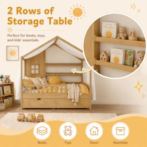 Image of Bellemave Full House BedFrame with Canopy and Storage Drawers, Montessori Bed, House Bed with Rails for Kids, Natural
