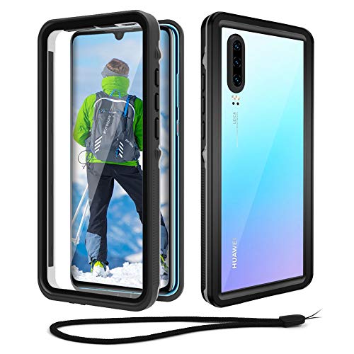 Beeasy Funda Compatible con Huawei P30,IP68 Certificado Impermeable Sumergible Carcasa,360 Grados Protección con Protector de Pantalla Incorporado,Militar Antigolpes Antichoque Estanca,Negro