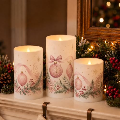 Image of Tujoe 3 Pcs Christmas Pink Ballet Flameless Candles LED Pillar Candle