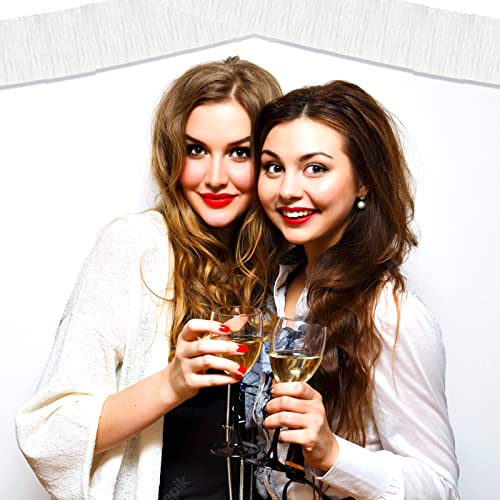 Image of 6 Pack 10 Feet White Foil Fringe Garland Metallic Tinsel Streamers Banner Wall Hanging Curtain Backdrop Banner for Parade Floats, Thanksgiving, Christmas, Birthday, Halloween Party Decorations