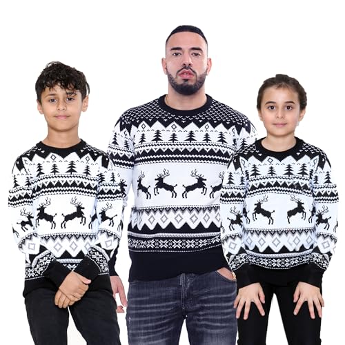 NOROZE Hombres Mujeres Niños Niñas Familia Jersey navideño Feo Suéteres de Navidad Manga Larga Fairisle Reno Copo de Nieve Árbol de Navidad De Punto Pull-Over (M, Reno Saltando Negro)