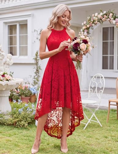 Image of Dressystar Women Halter Lace Wedding Guest Dress Hi-Lo Cocktail Party Bridesmaid Formal Dresses