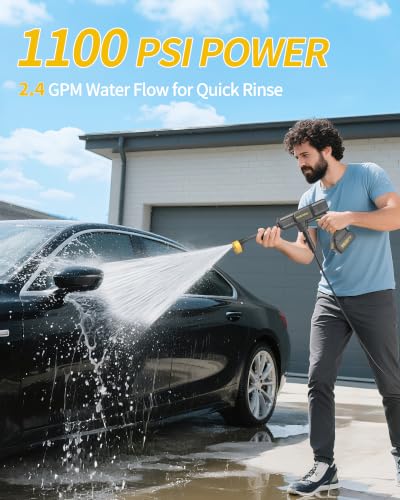 Image of Cordless Portable Washer, 1100 PSI Battery Operated Washer with All-Copper Motor, Battery, 23FT Hose, Storage Bag; Handheld Washer; Lightweight Car Washer for Home, Garden (Titan Yellow)