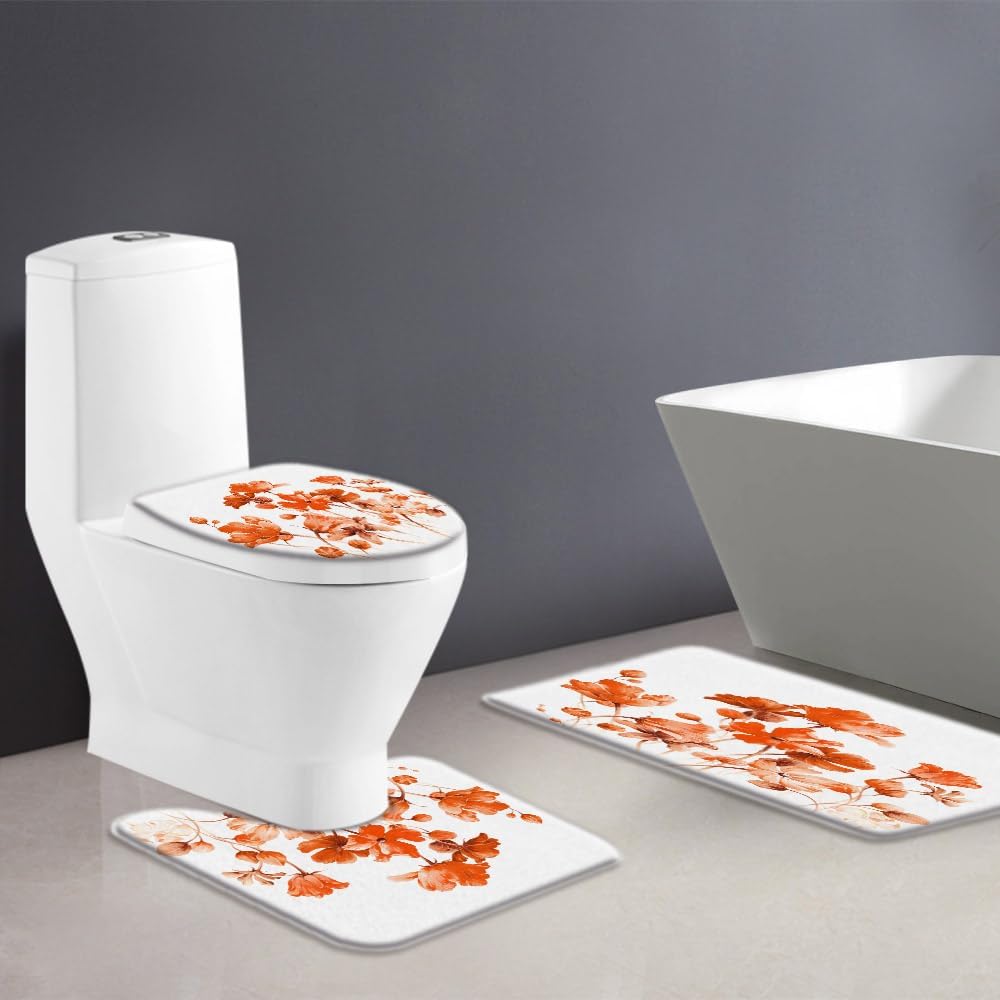 3 Piece Orange Floral Bath Mat Burnt Orange Watercolor Flower Vintage Blooming Wildflower Botanical Rustic Plant Farmhouse Bathroom Bathtub Floor Rugs Absorbent Doormat Toilet Decor