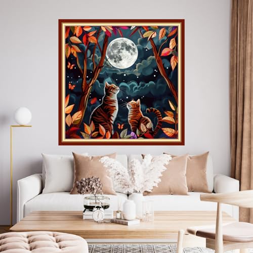 Image of Funchey Stamped Cross Stitch Kits, DIY Cross Stitch Pattern for Adults Beginners Needlepoint Kits Embroidery Kit Arts and Crafts 11CT&Two Cats Admiring the Moon 18x18 inchs