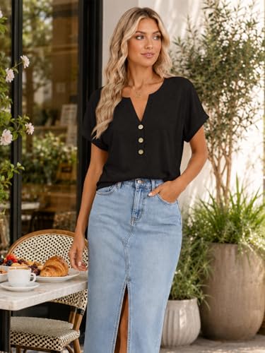 Image of EyMuse Womens Short Sleeve Henley Tops Fashion Casual V Neck Summer Tshirt | Summer Button Up Top Fashion Soft Basic Tees Blouses Spring Comfortable Classic Clothing Resort Wear for Women 2026