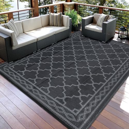 GarveeHome Outdoor Rug 5x8 Waterproof Outdoor Plastic Straw Rug for Patio Reversible Portable Plastic Straw Rug Indoor Outdoor Carpet for Porch, Deck, Backyard, Balcony, Grey/Black(Geometric)