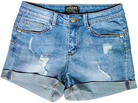 HOCAIES Women's Juniors Mid Rise Jean Shorts Folded Hem Denim Shorts for Women (16, 02 Light Denim)