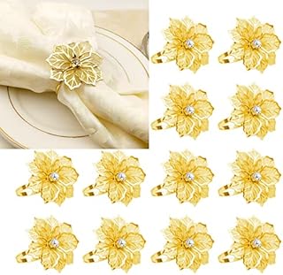 INCETUE Flower Napkin Rings Set of 12, Hollow Out Floral Napkin Holder Adornment Exquisite Household Napkins Rings Set Rhinestone Napkin Rings for Wedding Banquet Christmas Table Setting (Gold)