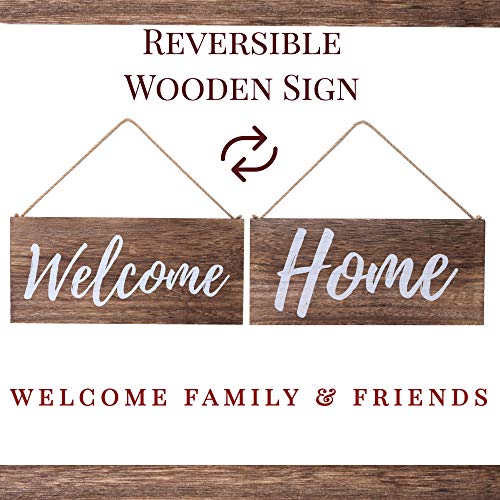 Alben Wooden Hanging Welcome Sign - Reversible Message Home Or Welcome - 12" X 6" Rectangular Farmhouse Outdoor/Indoor Décor - Rustic Welcome Sign For Porch Or Front Door Natural Wood Grain (Brown) #TOP1