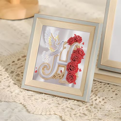 Image of AiYuanzsh 5D Diamond Art Kits for Adults Letter H, Harmonious Rose & Dove Floral Crystal Rhinestones Diamond Painting Kit, DIY Monogram Diamond Art for Beginners Craft Wall Display 17x17cm