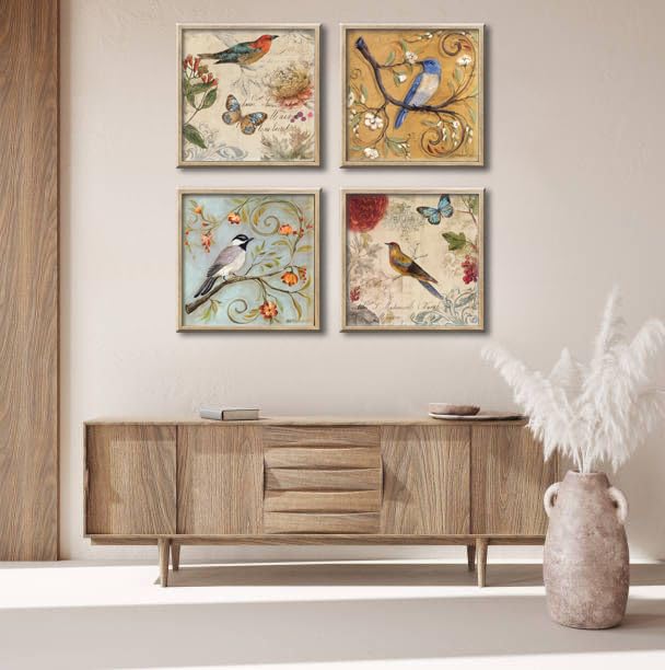 Image of Large Framed Flowers Birds Canvas Wall Art for Bedroom Floral Wall Decor Butterfly Picture Artwork Vintage Prints Paintings for Living Room Bathroom Kitchen Decorations 16 inchx16 inch