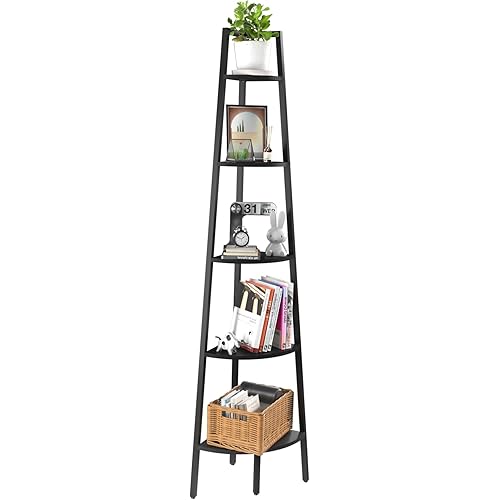 Yoobure Corner Shelf Stand, 5-Tier Bookshelf with LED Lights & Steel Frame, Tall Storage Shelves for Living Room, Bedroom, Office, Multi-Purpose Display Bookcase
