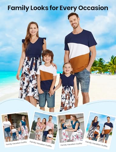 Image of PATPAT Family Matching Outfits Mommy and Me Outfits Floral Dress & Tee Sets | Couples Matching Outfits, Women Girl Flutter Sleeve Dress, Men Boy Cotton Blend T-shirts, Beach Vacation, Family Photoshoot