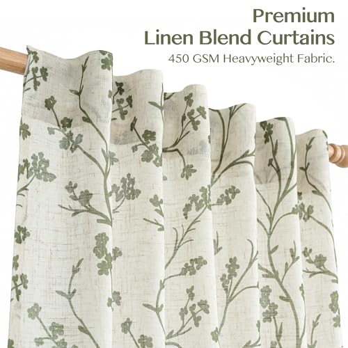 Image of THREE GIRLS Floral Linen Shree Printed Curtains 108 Inches Light Filtering Vintage Farmhouse, Back Tab Rod Pocket Cottage Core Drapes for Living Room Bedroom Dining Room, Sage Green on Beige, 2 Panels