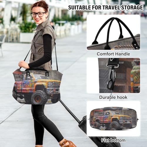Large Travel Duffel Bag, Yellow Truck Sports Tote Gym Bag, Shoulder Weekender Overnight Bag for Women Men, Carry On Luggage with Toiletry Bags 6