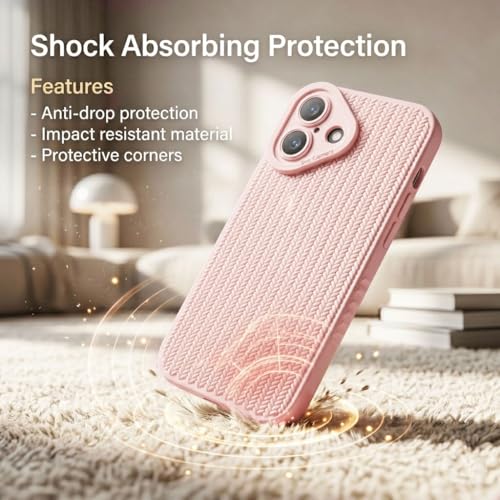Image of amazon basics Luxury 3D Knitted Texture Soft Silicone Back Cover for iPhone 16 | Slim Fit Shockproof Case with Camera Protection & Non-Slip Grip - Pink