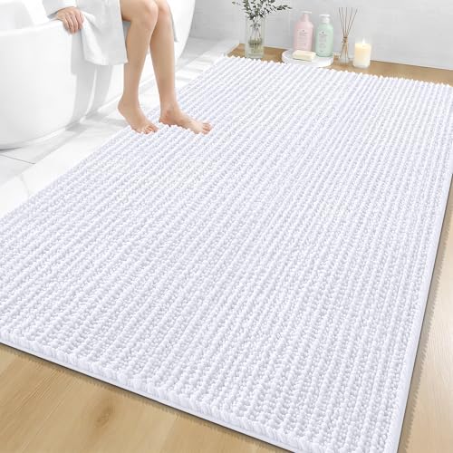 Image of OLANLY Bathroom Rug Mat 70x46, Thick Soft and Absorbent Chenille Bath Mat, Non-Slip Rubber Backing, Machine Washable Quick Dry Bath Rugs for Tub Shower Floor, Home Decor Accessories, White