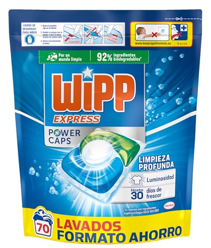 Wipp Express Power Caps Detergente en Cápsulas para Lavadora, 70 Dosis, Limpieza Profunda, Eficaz en Agua Fría
