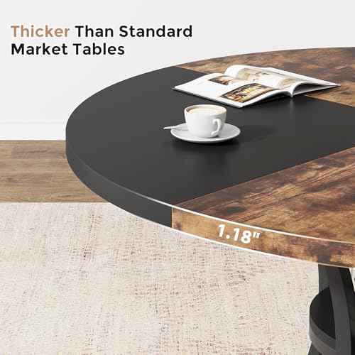 Condemo 47'' Round Dining Table for 4-6, Farmhouse Dining Room Table with Storage Shelf, Space-Saving Kitchen Table with Metal Base for Kitchen & Dining Room, Table Only (Rustic Brown and Black)
