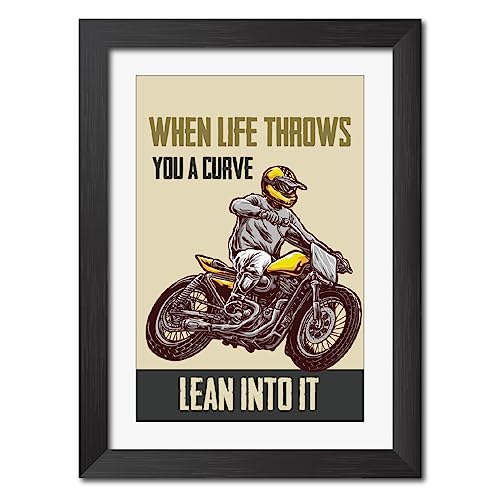 Image of TenorArts Motorcycle Riding Posters Photo Frame Bikers Bullet Rider Motivational Quotes Laminated Poster Framed Painting with Matt Finish Frames (9inches x 12inches) (Lean into it)