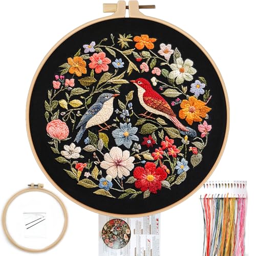 Image of FONNUY Embroidery Kit for Beginners, Birds with Flowers Pre-Stamped Pattern Kits for Adults with Hoop, Easy to Follow Color Thread Needlework, 8'' Hoop (Red)