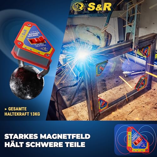 S&R Schweißmagnet mit Ein-Ausschalter, Winkelmagnet mit hoher Haltekraft, Schweißwinkel 45° / 90° / 135° - 11cm x 9.5cm x 2.5cm, Magnethalter, Magnetwinkel mit Schalter