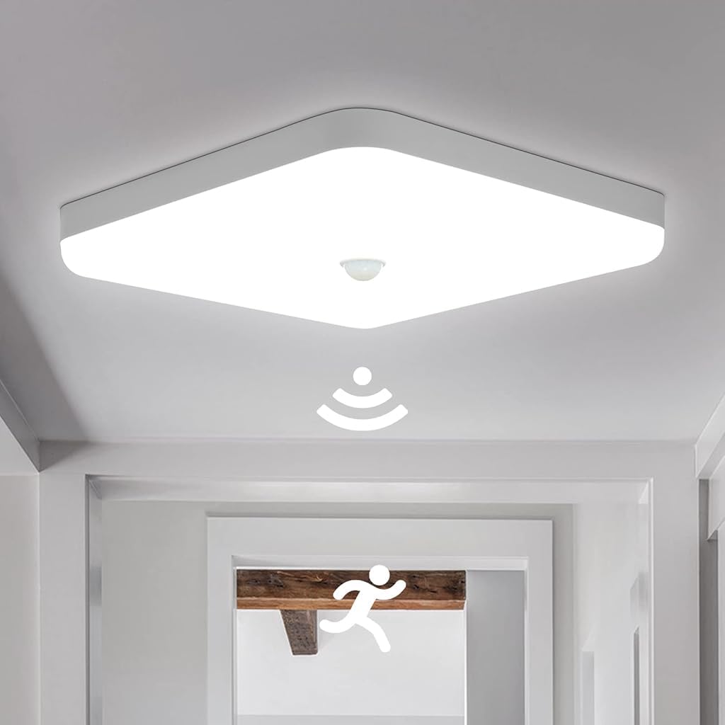 ELEPHANTBOAT® 30W LED Ceiling Light, Height Limit 3.5m, 9.8" 2400LM Daylight White 6500K Square Ceiling Light with PIR Motion Detector for Living Room Bathroom Garage Hallway Staircase Balcony