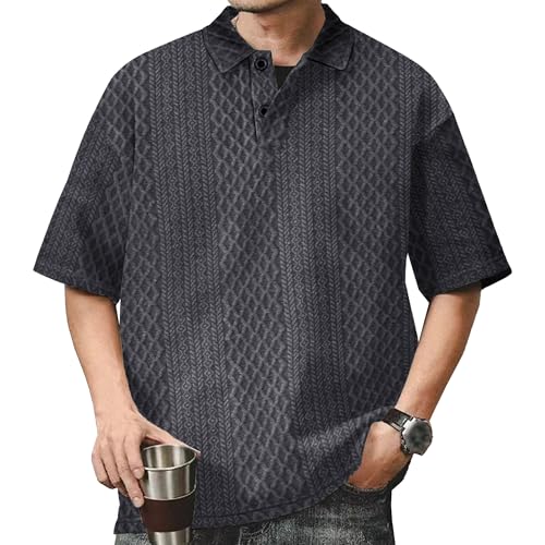 Men Jacquard Knitted Loose Shirts Casual Lapel Quarter Button T-Shirt Summer Cozy Workplace Pullover Tops (Dark Blue,Small)