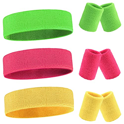 CCINEE - CCINEE 9pcs Sweatband and Wristband Set Sport Headband and Wristband Moisture Wicking Sweatband Workout Wrist Wrap for Men Women,Green Pink and Yellow