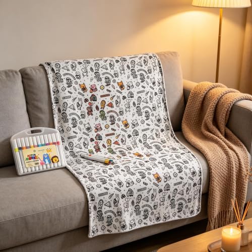 Couverture à colorier DIY avec 24 marqueurs pour lit et canapé