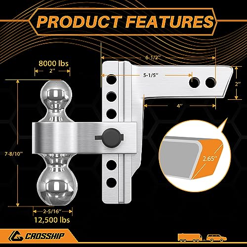 Crosship Adjustable Trailer Hitch Ball Mount-Fit 2" Receiver, 6 Inch Drop/Rise Aluminum Drop Hitch With 2'' & 2-5/16'' Solid Dual Balls 12,500 Lbs Gtw-Tow Hitch For Heavy Duty Truck With Double Locks #TOP6