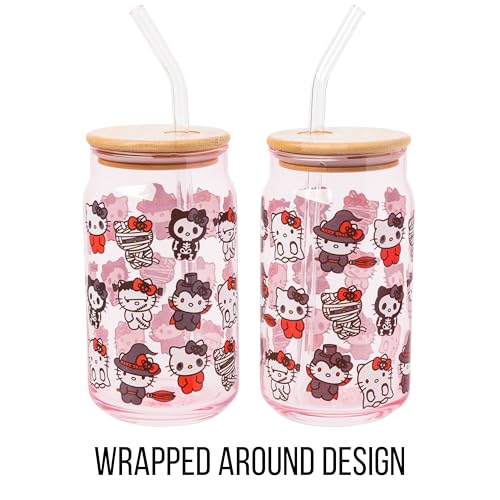 Silver Buffalo Sanrio Hello Kitty and Friends Halloween Spooky Costumes Ghost Witch Vampire Zombie Frankenstein Skeleton Pink Glass Jar Tumbler with Bamboo Lid and Glass Straw, 16 Ounces - Image 6
