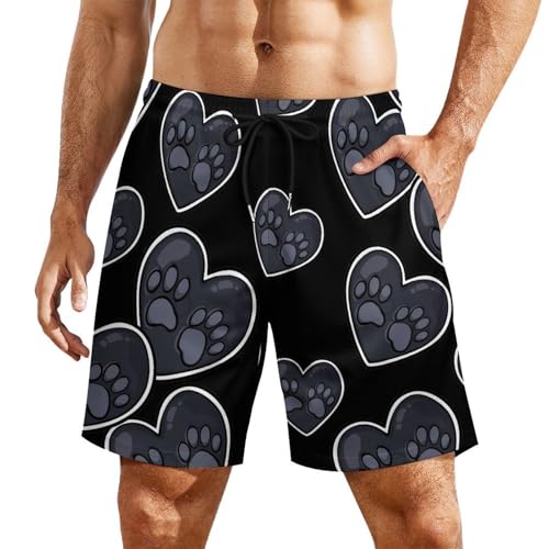 Heart Dog Paws Beach Shorts for Men Swim Trunks Quick Dry Swim Shorts with Compression Liner Pocket
