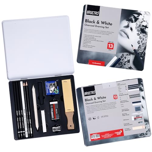 Image of BRUSTRO Black White Charcoal Set of 13 Pcs in a Metal Box With Artist's Drawing Wiro Pad, 200 GSM, A5, 24 Sheets | Ideal For Sketching, Shading, Portrait,Landscape,Fine Art and Professionals